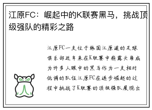 江原FC：崛起中的K联赛黑马，挑战顶级强队的精彩之路