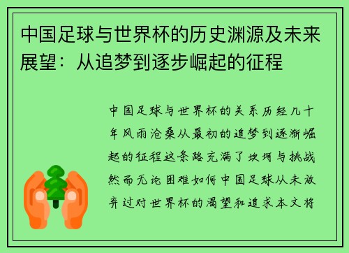 中国足球与世界杯的历史渊源及未来展望：从追梦到逐步崛起的征程